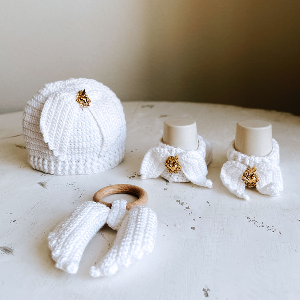 Angel Baby Crochet Newborn Gift Set - Hat, Booties & Teether